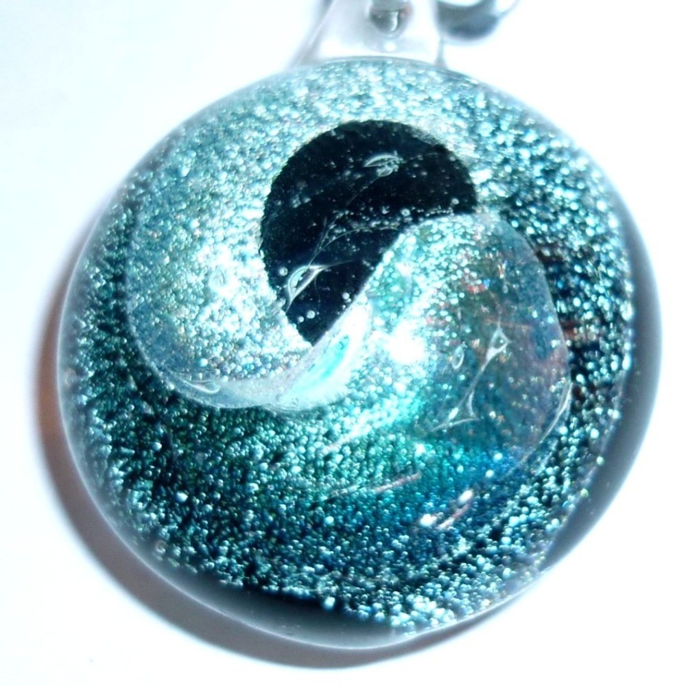 Handmade Dichroic Glass Galaxy Swirl Pendant Teal Green Glitter Sparkle Orb